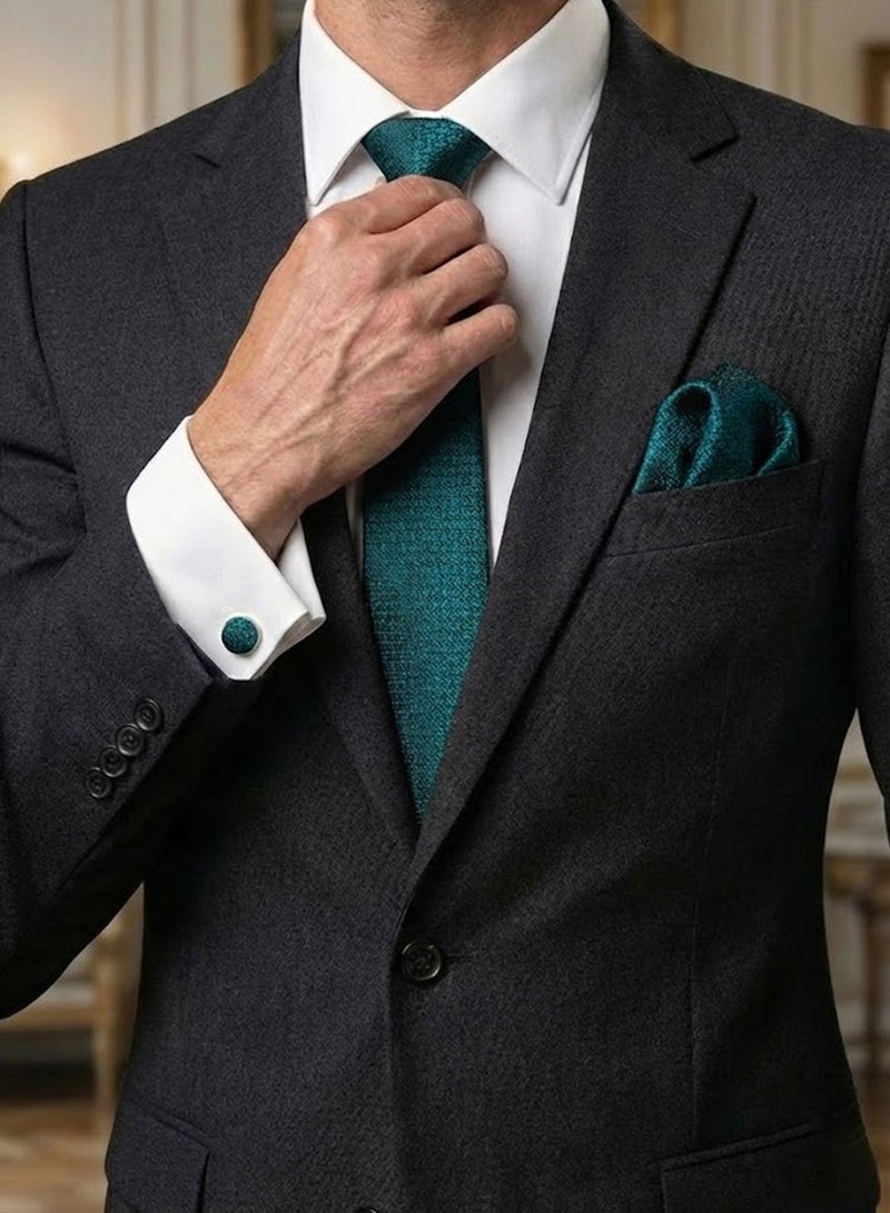 FIORICASA Men’s Premium 4-Piece Tie & Bow Tie Gift Set – Green Micro-Pattern Tie, Bow Tie, Pocket Square & Cufflinks - Image 4